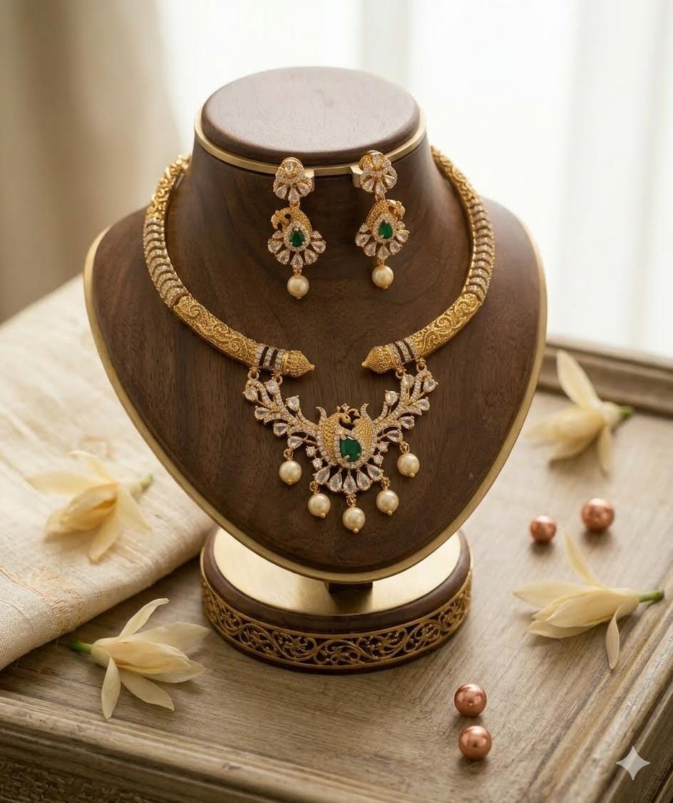 Antique Gold Plated Peacock Hasli Necklace Set, Emerald Pearl Choker Earrings