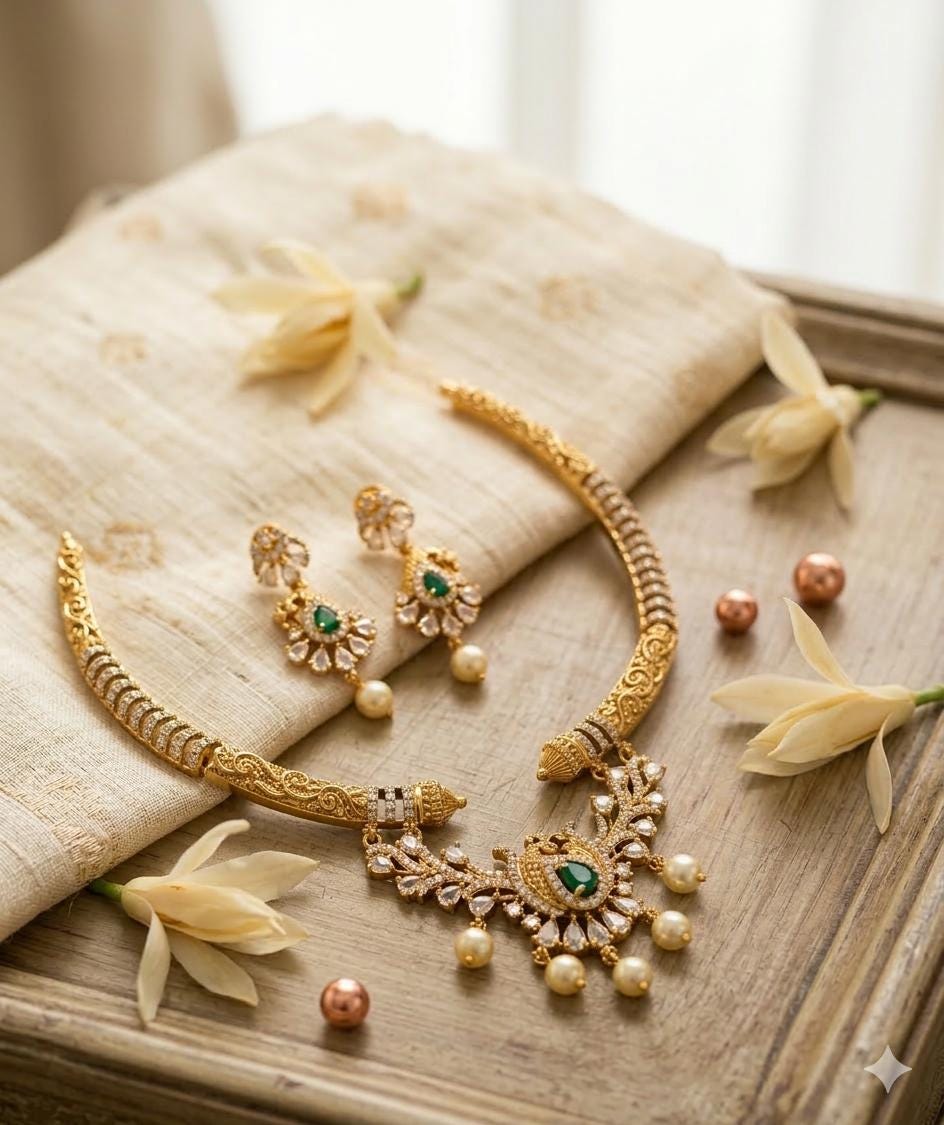 Antique Gold Plated Peacock Hasli Necklace Set, Emerald Pearl Choker Earrings