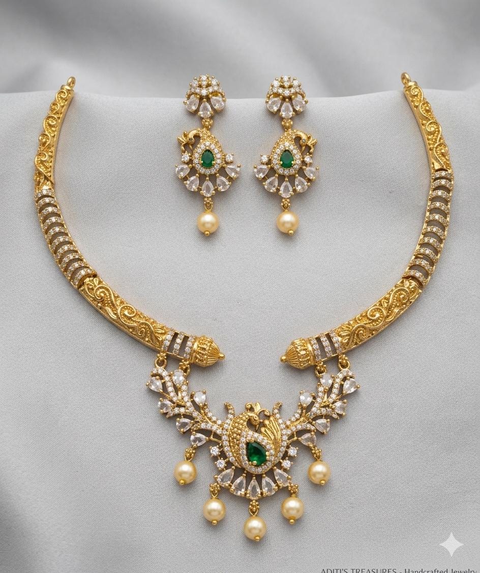 Antique Gold Plated Peacock Hasli Necklace Set, Emerald Pearl Choker Earrings