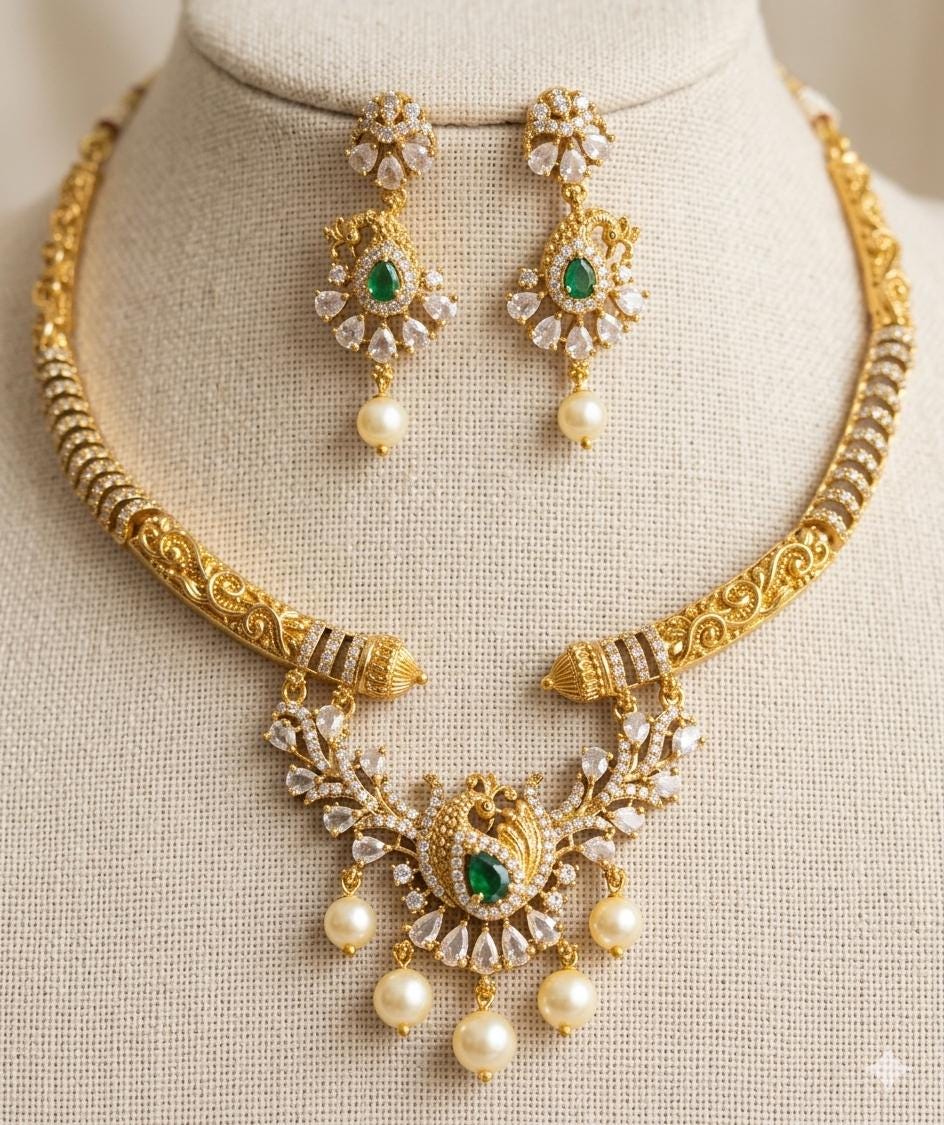 Antique Gold Plated Peacock Hasli Necklace Set, Emerald Pearl Choker Earrings