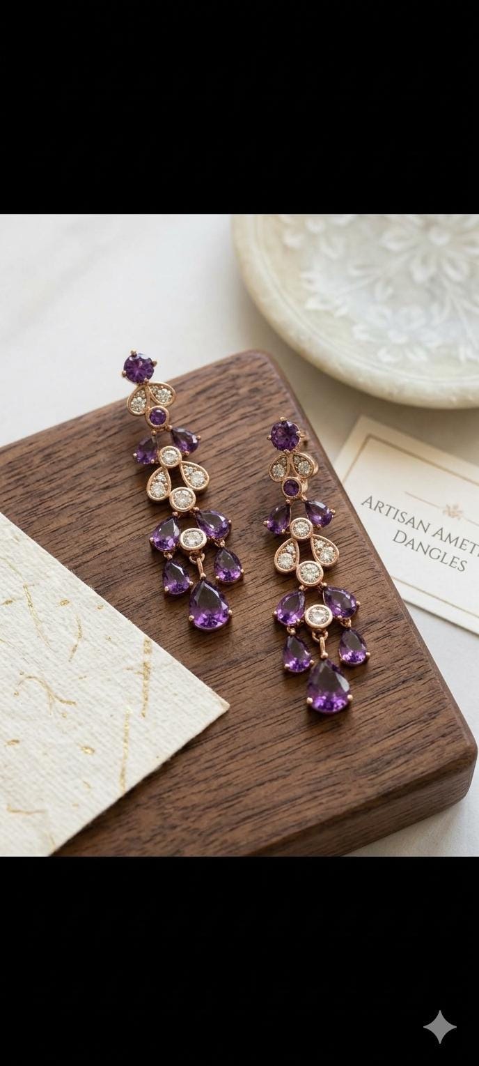 18k Gold Plated Amethyst Teardrop Chandelier Earrings, Vintage Style Statement Jewelry