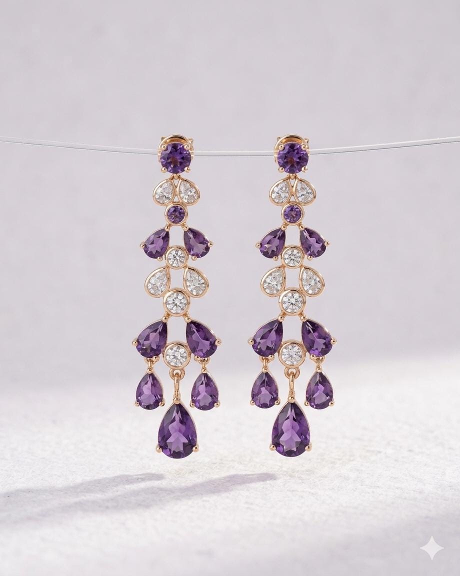 18k Gold Plated Amethyst Teardrop Chandelier Earrings, Vintage Style Statement Jewelry
