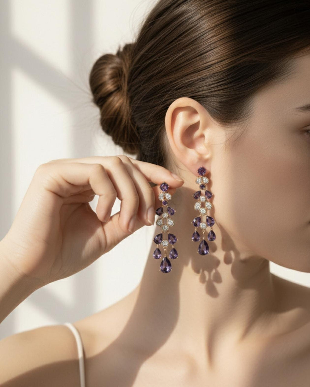 18k Gold Plated Amethyst Teardrop Chandelier Earrings, Vintage Style Statement Jewelry