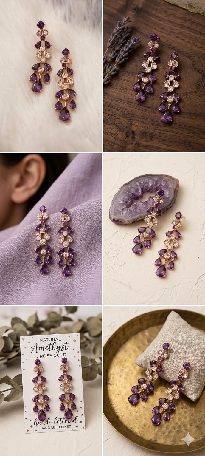18k Gold Plated Amethyst Teardrop Chandelier Earrings, Vintage Style Statement Jewelry