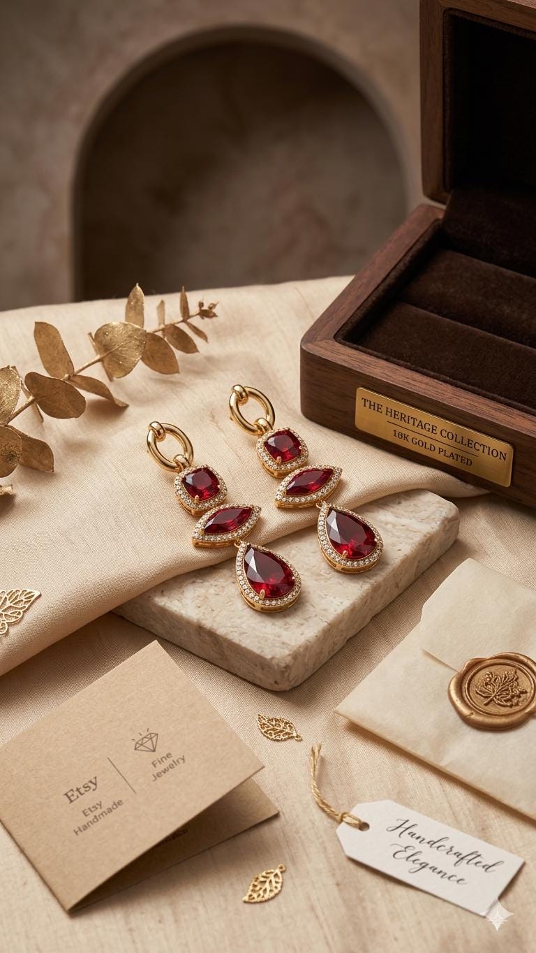 18K Gold Plated Red Garnet Marquise Pear Drop Earrings, Ruby Crystal Statement Jewellery
