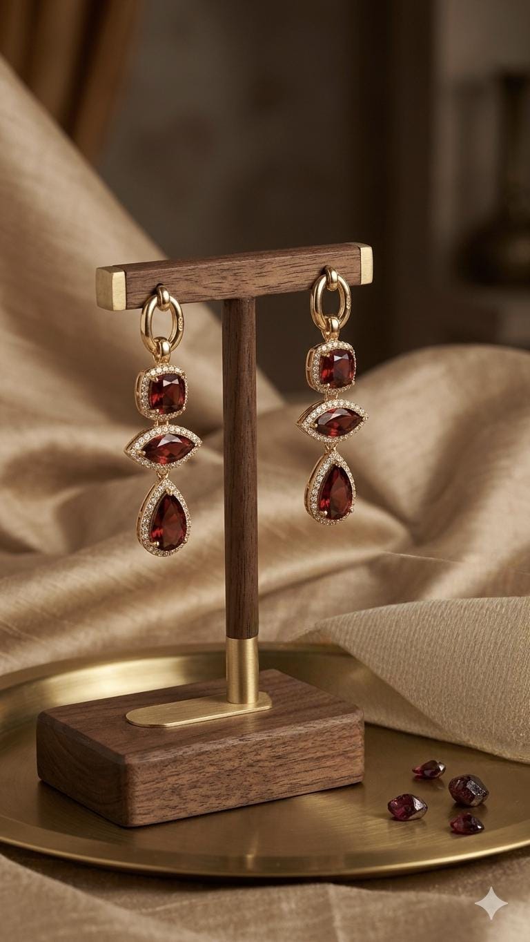 18K Gold Plated Red Garnet Marquise Pear Drop Earrings, Ruby Crystal Statement Jewellery