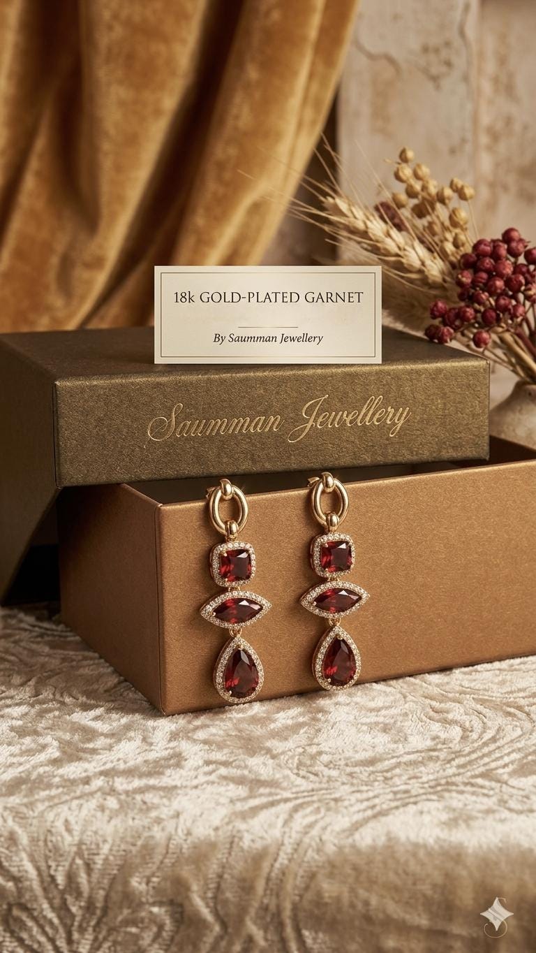18K Gold Plated Red Garnet Marquise Pear Drop Earrings, Ruby Crystal Statement Jewellery