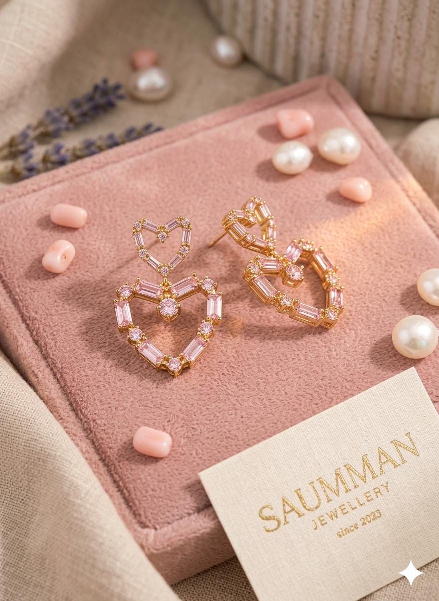 18k Gold Plated Pink Heart Drop Earrings, Double Heart Dangle, Pastel Cubic Zirconia Jewelry