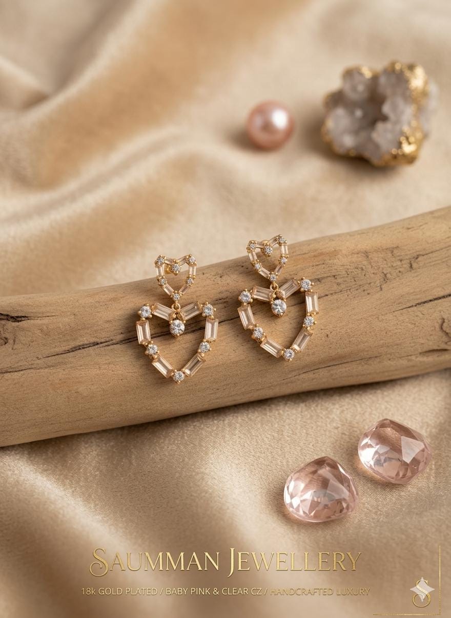 18k Gold Plated Pink Heart Drop Earrings, Double Heart Dangle, Pastel Cubic Zirconia Jewelry