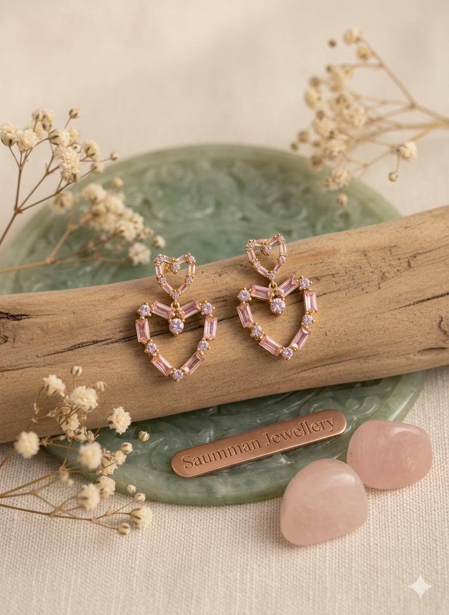 18k Gold Plated Pink Heart Drop Earrings, Double Heart Dangle, Pastel Cubic Zirconia Jewelry