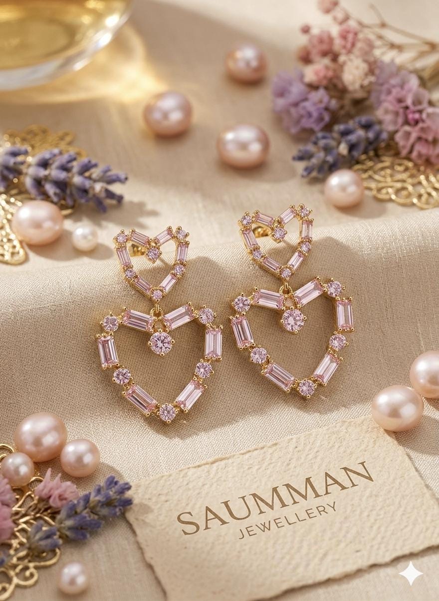 18k Gold Plated Pink Heart Drop Earrings, Double Heart Dangle, Pastel Cubic Zirconia Jewelry