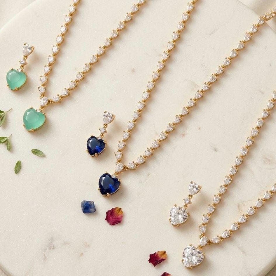 Gold Heart Crystal Necklace Earrings Set  Emerald, Blue, Clear Gemstone Bridal Jewelry