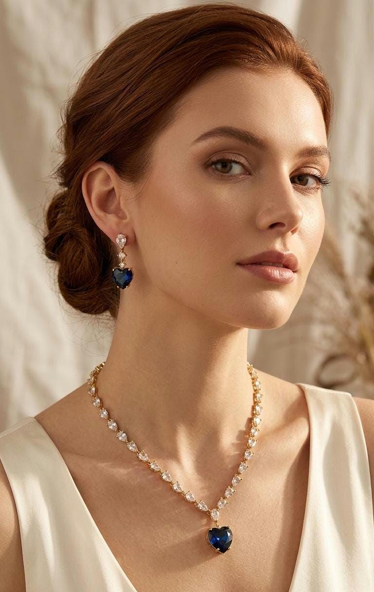 Gold Heart Crystal Necklace Earrings Set  Emerald, Blue, Clear Gemstone Bridal Jewelry