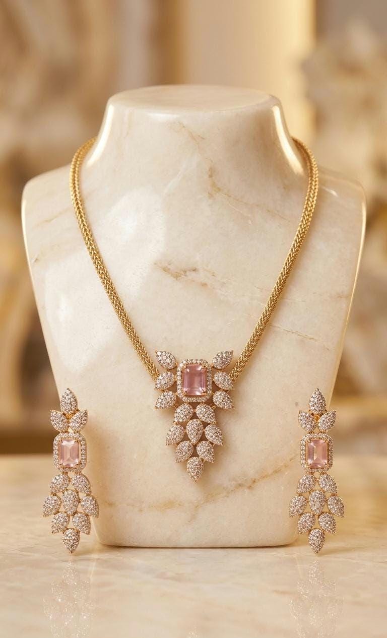 Rose Gold Blush Pink Stone Necklace Earrings Set, Cubic Zirconia Bridal Jewelry