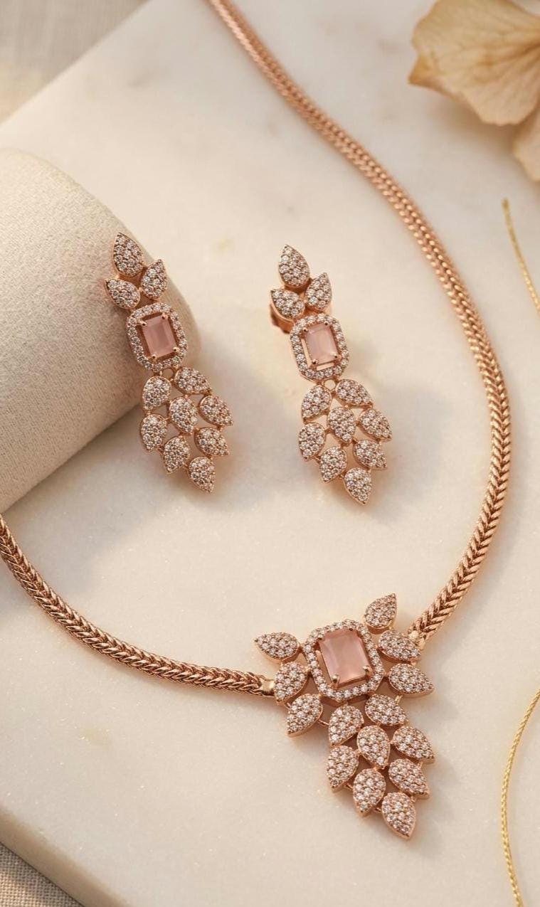 Rose Gold Blush Pink Stone Necklace Earrings Set, Cubic Zirconia Bridal Jewelry