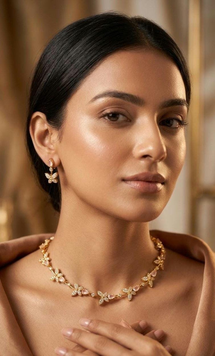 Gold Butterfly Jewelry Set, Pink Crystal Choker and Earrings