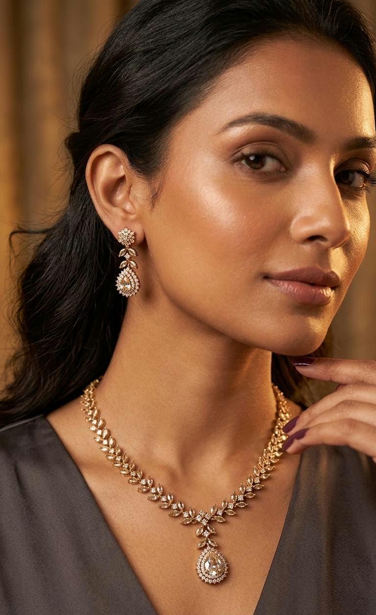 Bridal Mehndi Gold Plated Necklace Earrings Set, White Stone Teardrop Choker, Indian Wedding Jewelry