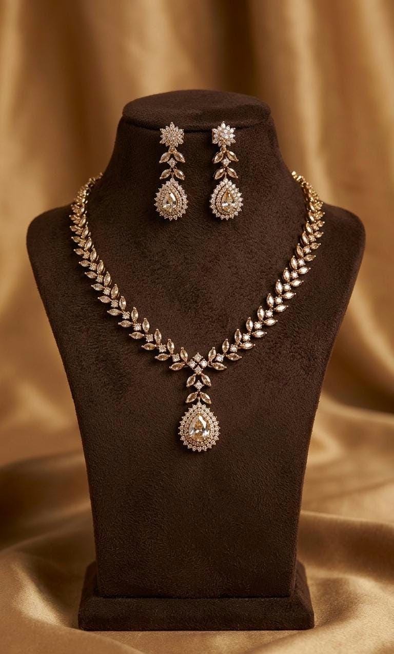 Bridal Mehndi Gold Plated Necklace Earrings Set, White Stone Teardrop Choker, Indian Wedding Jewelry