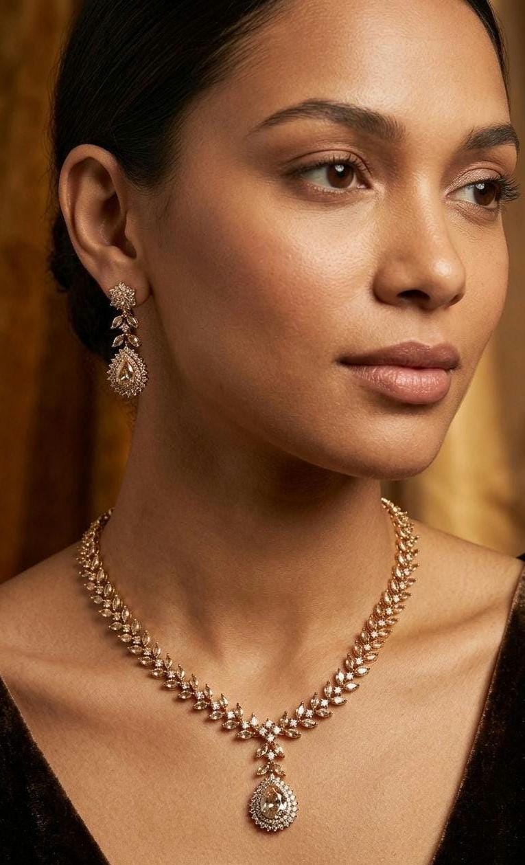 Bridal Mehndi Gold Plated Necklace Earrings Set, White Stone Teardrop Choker, Indian Wedding Jewelry