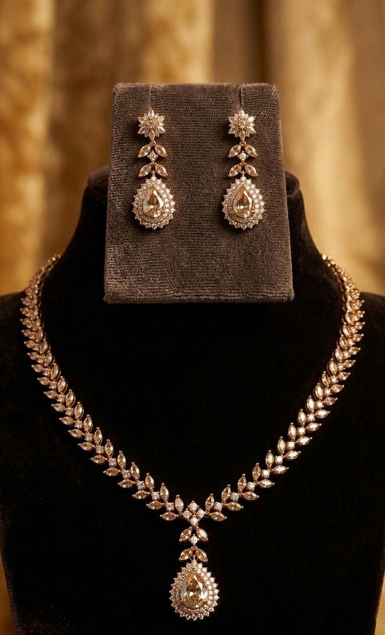 Bridal Mehndi Gold Plated Necklace Earrings Set, White Stone Teardrop Choker, Indian Wedding Jewelry