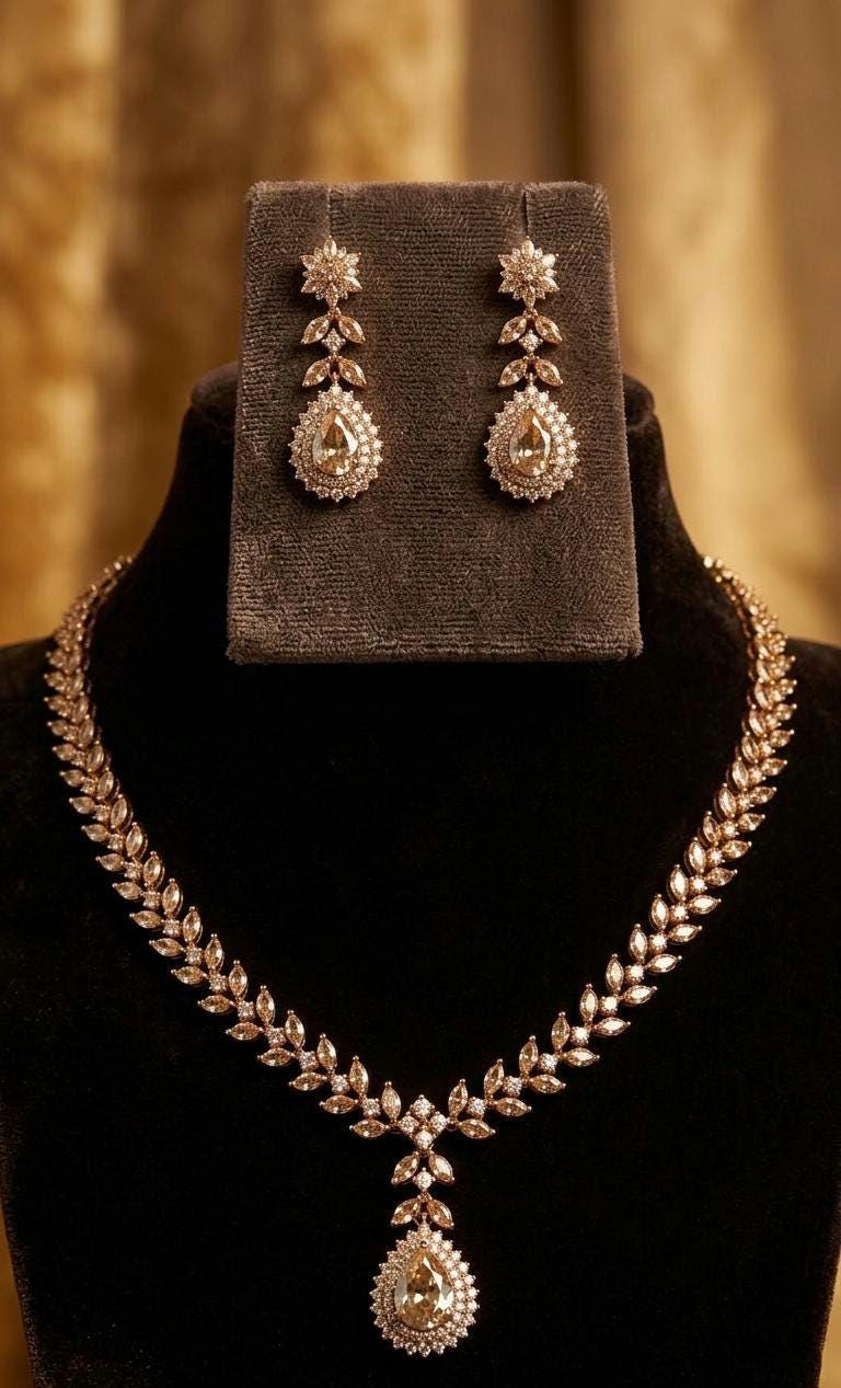 Bridal Mehndi Gold Plated Necklace Earrings Set, White Stone Teardrop Choker, Indian Wedding Jewelry