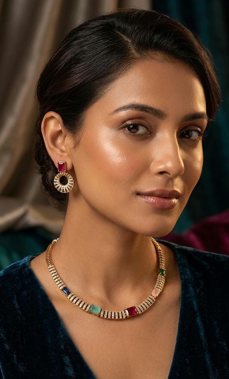 Gold Plated Multicolor Gemstone Choker Necklace & Earrings Set | Cubic Zirconia Rainbow Jewelry