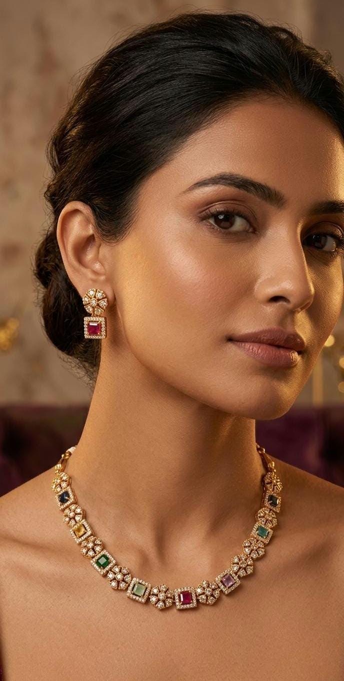 Multicolor Navratna Necklace Set | 22k Gold Plated Choker, Matching Earrings