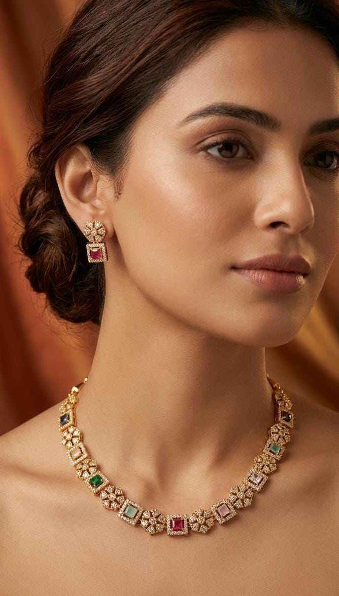 Multicolor Navratna Necklace Set | 22k Gold Plated Choker, Matching Earrings