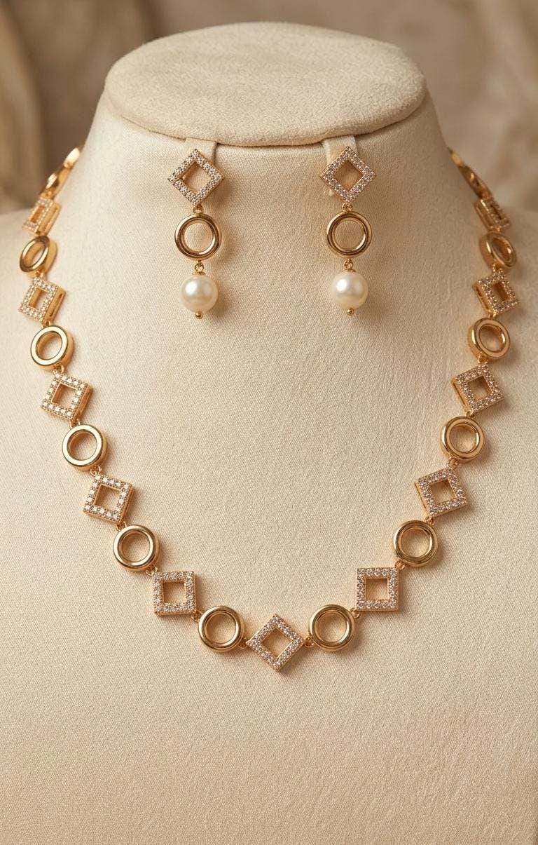 Gold Geometric Jewelry Set  CZ Circle Necklace, Pearl Drop Earrings, Bridal Gift