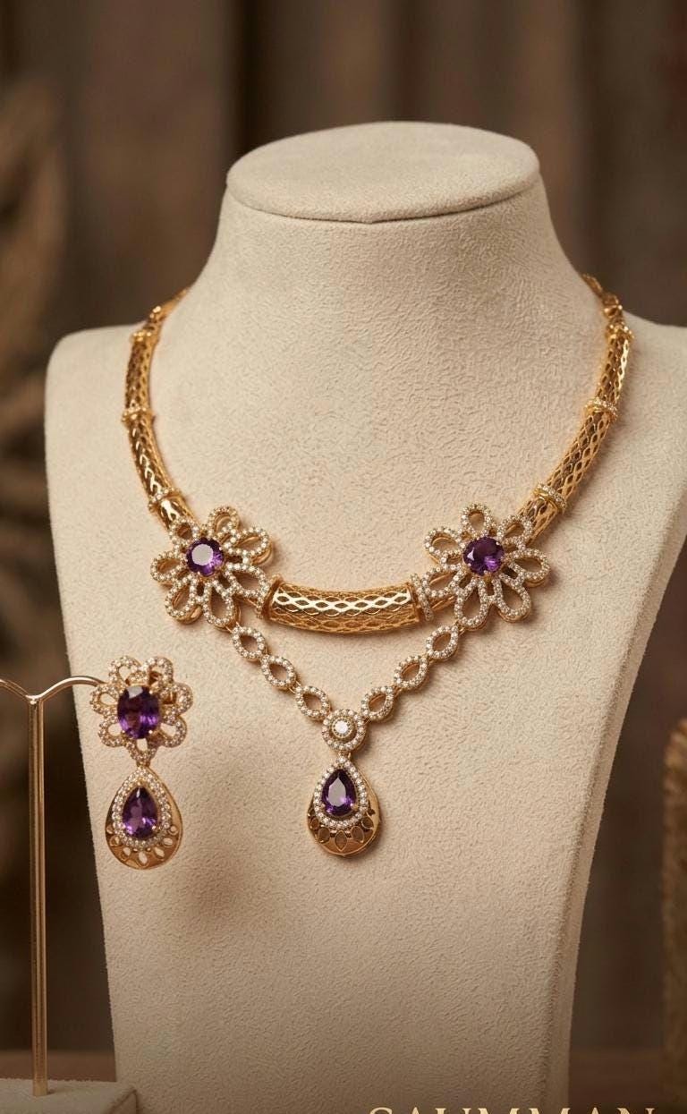 Gold Plated Amethyst Flower Hasli Necklace Set, Teardrop Earrings, Traditional Indian Choker