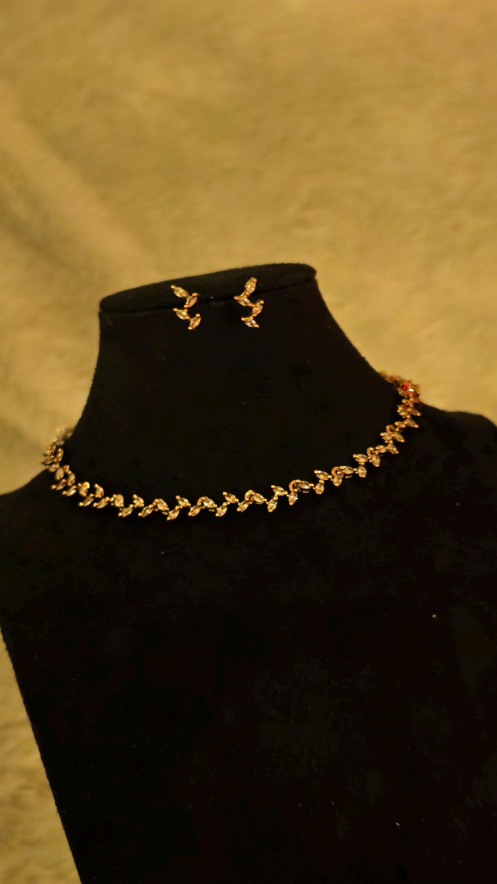 Crystal Leaf Branch Jewelry Set, Gold Marquise Necklace and Earrings, Botanical Bridal Accessories