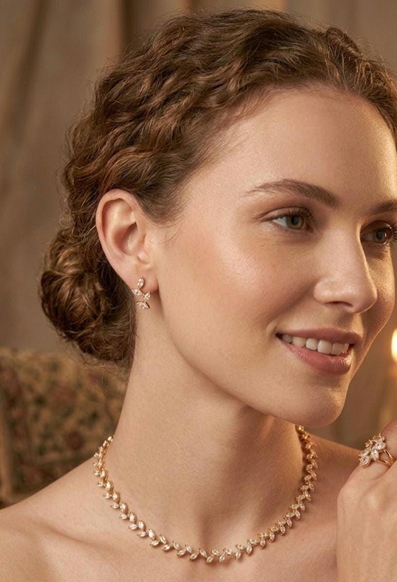 Crystal Leaf Branch Jewelry Set, Gold Marquise Necklace and Earrings, Botanical Bridal Accessories