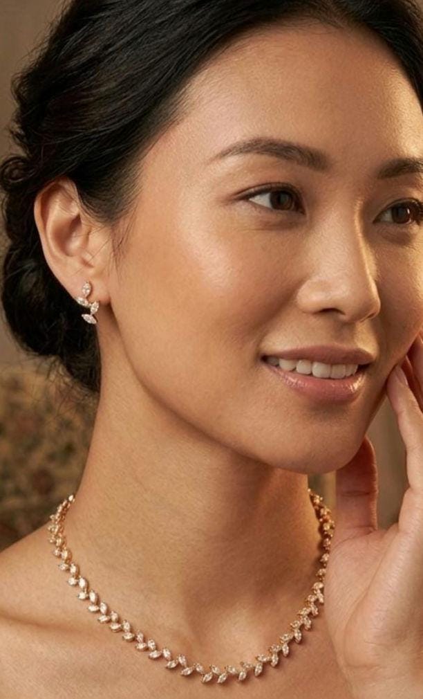 Crystal Leaf Branch Jewelry Set, Gold Marquise Necklace and Earrings, Botanical Bridal Accessories