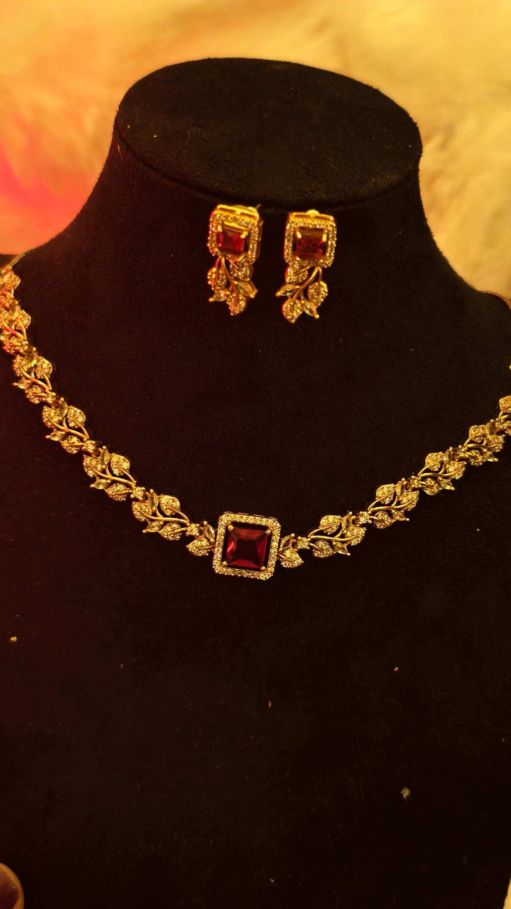 Ruby Red Crystal Jewelry Set  Gold Leaf Necklace and Drop Earrings, Victorian Style