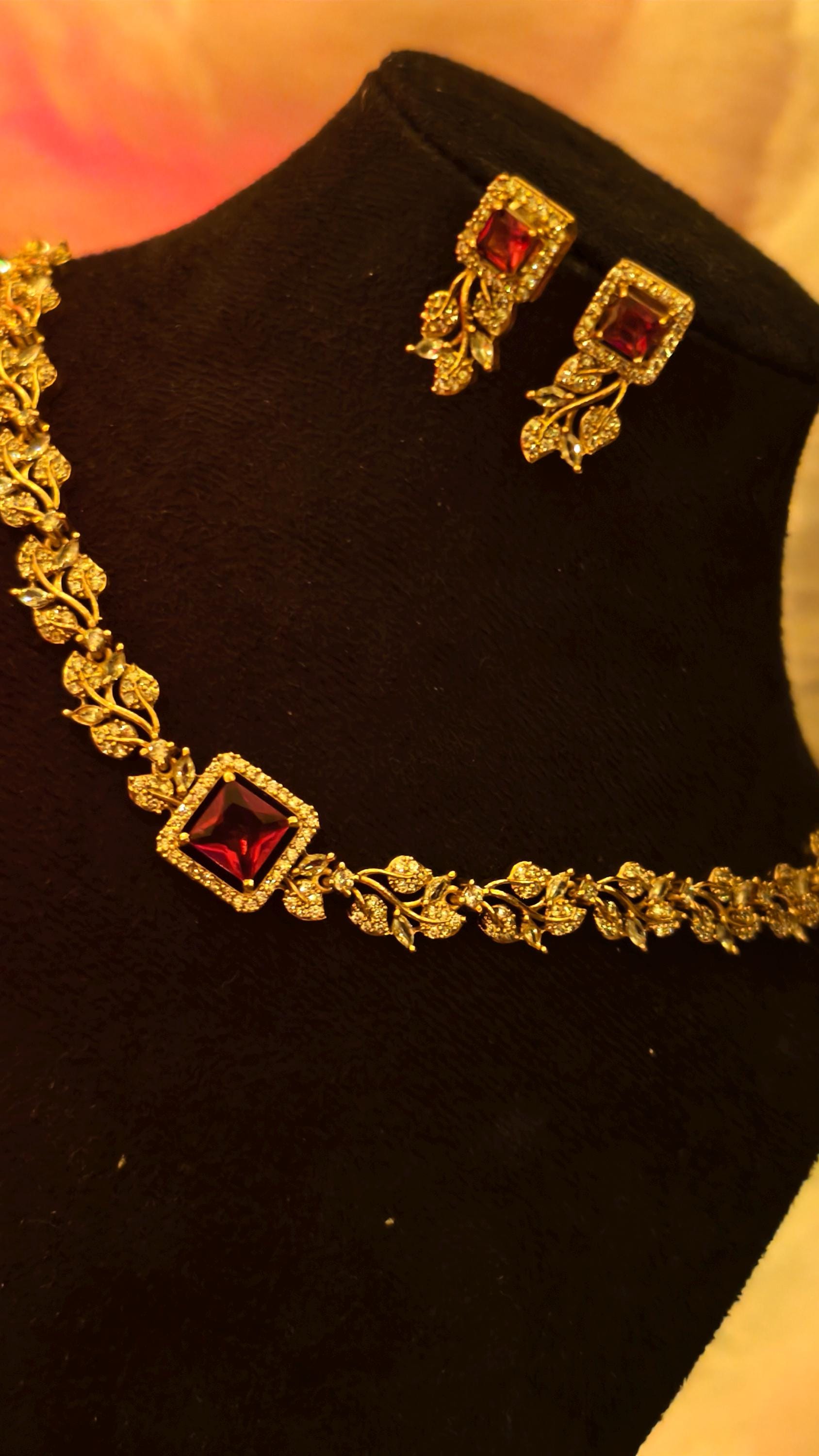 Ruby Red Crystal Jewelry Set  Gold Leaf Necklace and Drop Earrings, Victorian Style