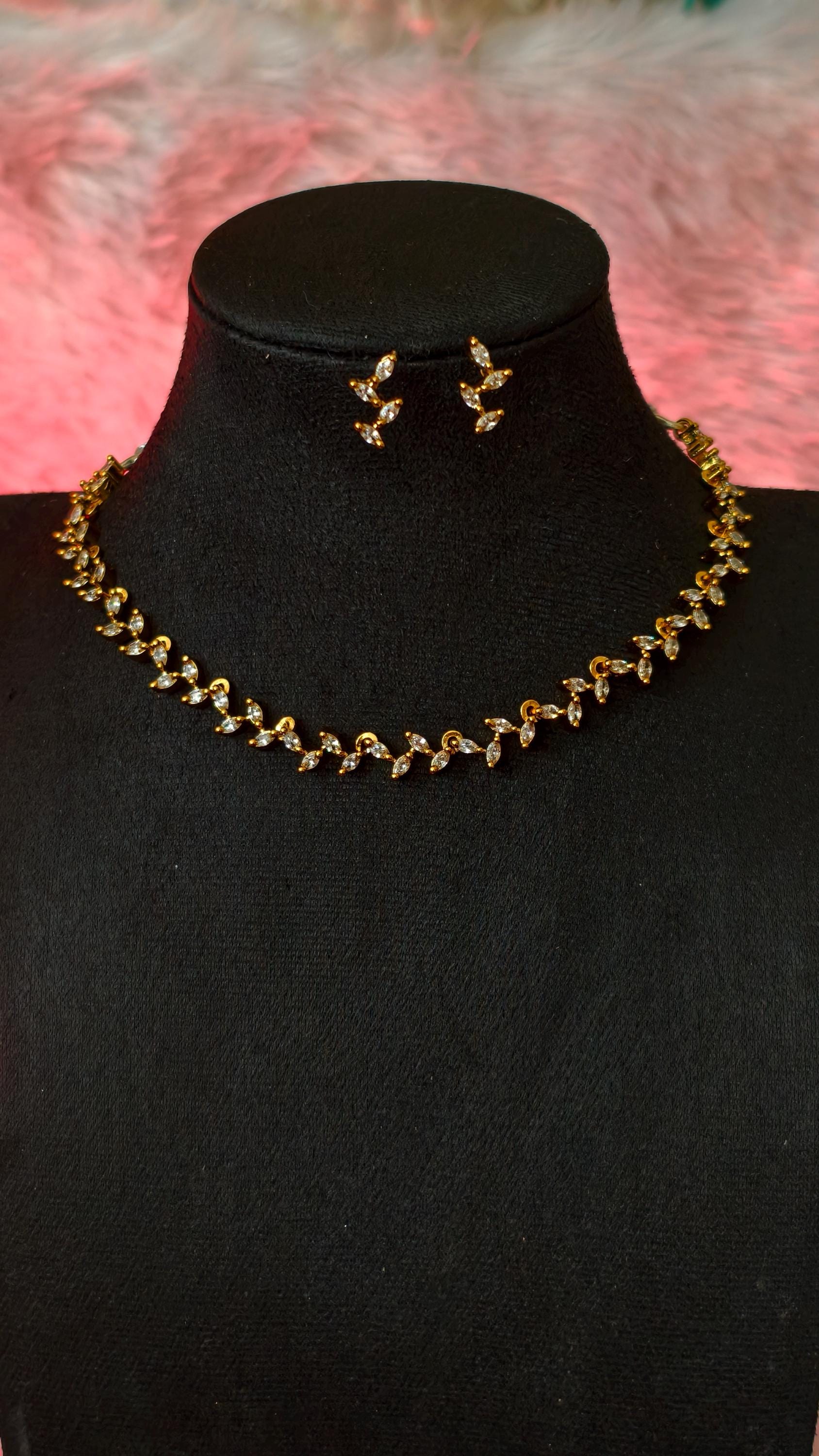 Crystal Leaf Branch Jewelry Set, Gold Marquise Necklace and Earrings, Botanical Bridal Accessories