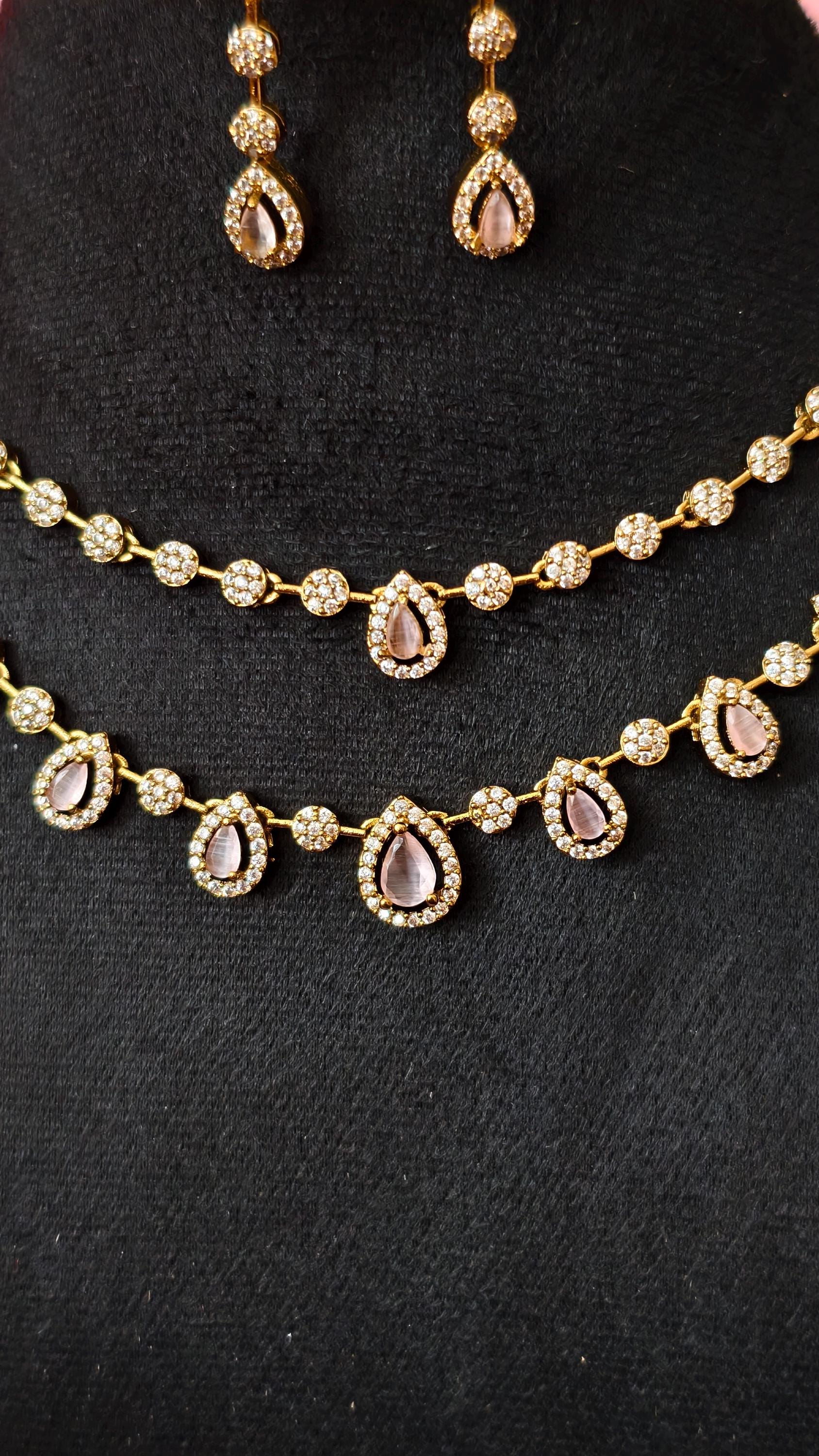 Double Layered Baby Pink AD Necklace Earrings Set  18k Gold Plated Bridal Choker