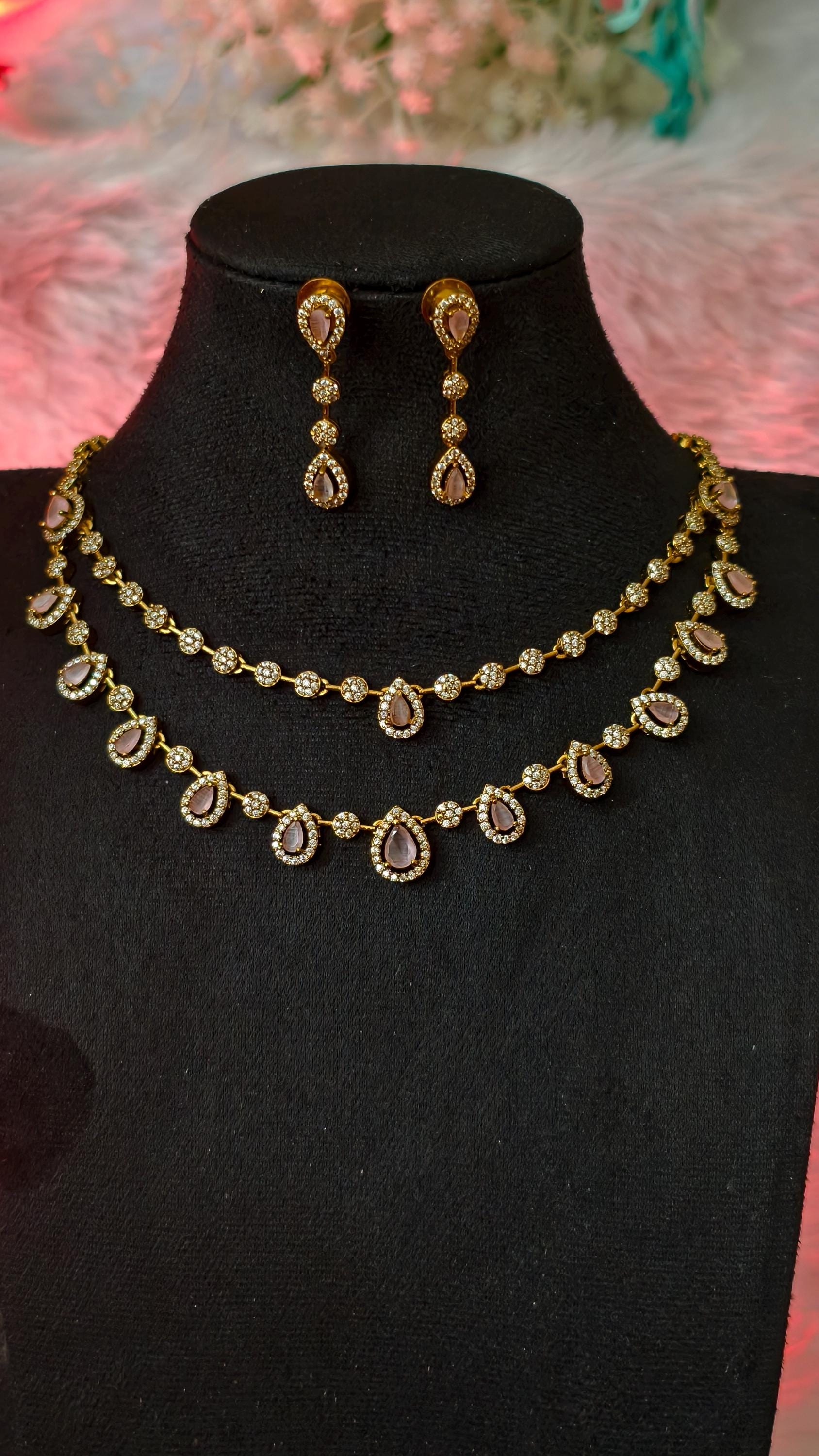 Double Layered Baby Pink AD Necklace Earrings Set  18k Gold Plated Bridal Choker