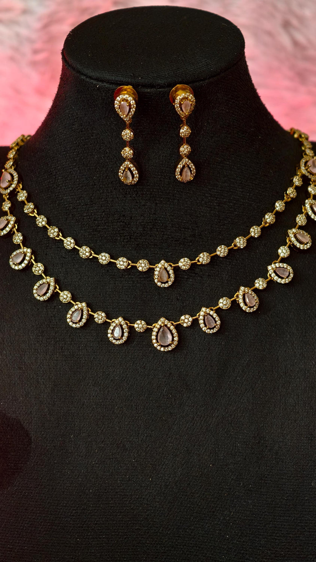Double Layered Baby Pink AD Necklace Earrings Set  18k Gold Plated Bridal Choker