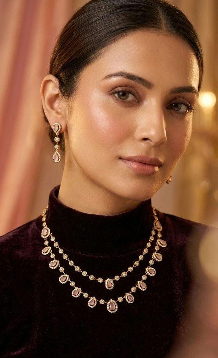 Double Layered Baby Pink AD Necklace Earrings Set  18k Gold Plated Bridal Choker