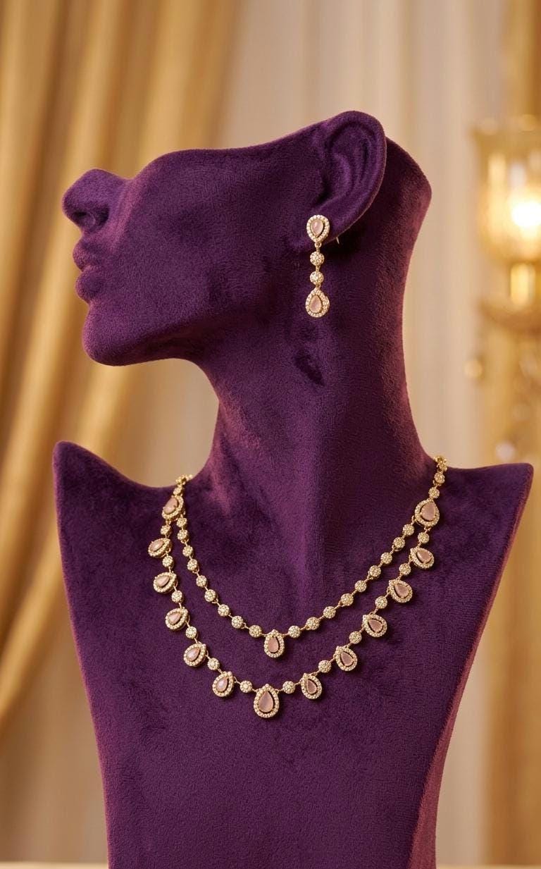 Double Layered Baby Pink AD Necklace Earrings Set  18k Gold Plated Bridal Choker