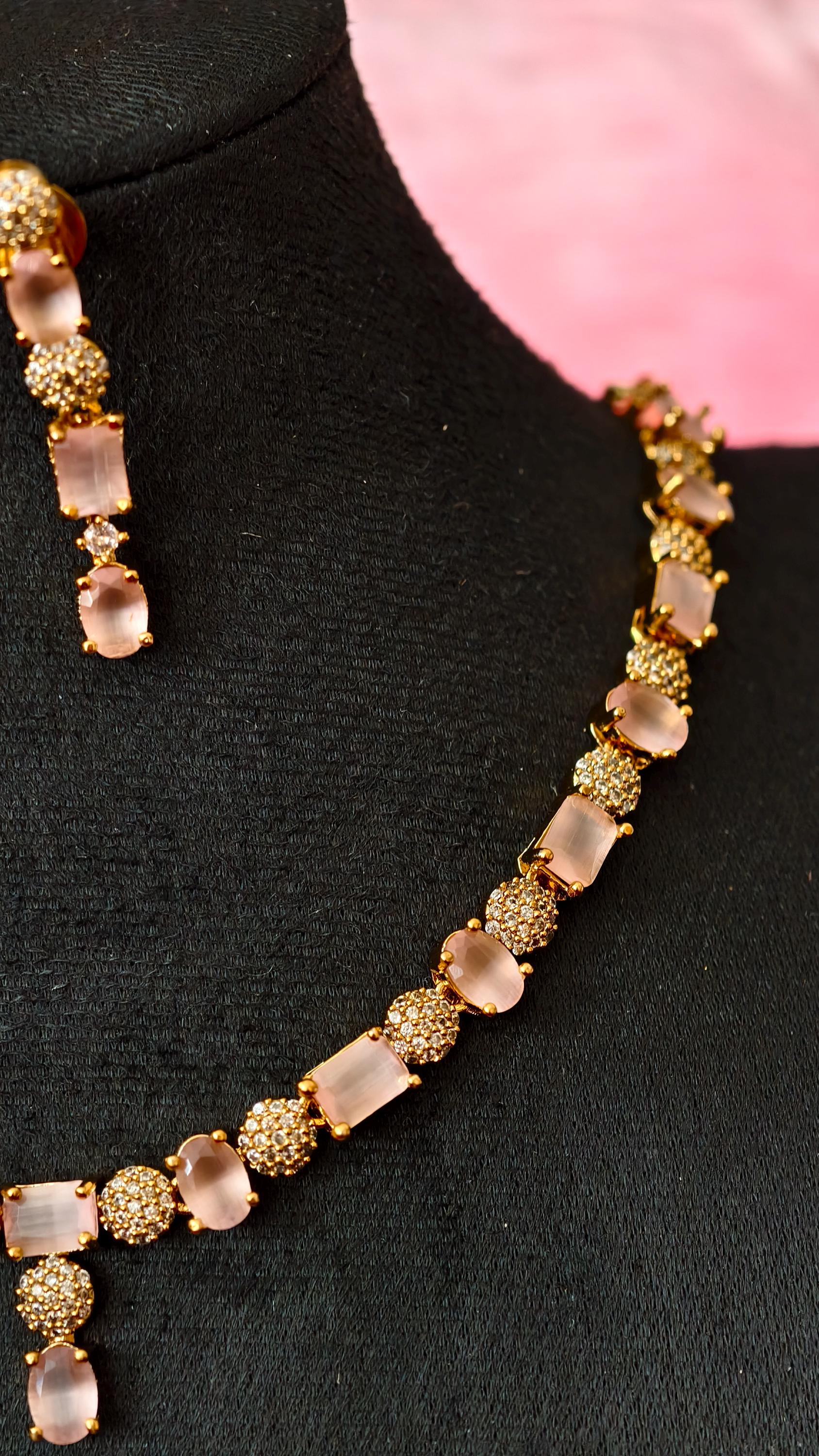 Rose Quartz Gold Bridal Jewelry Set, Frosted Pink Gemstone Necklace Earrings