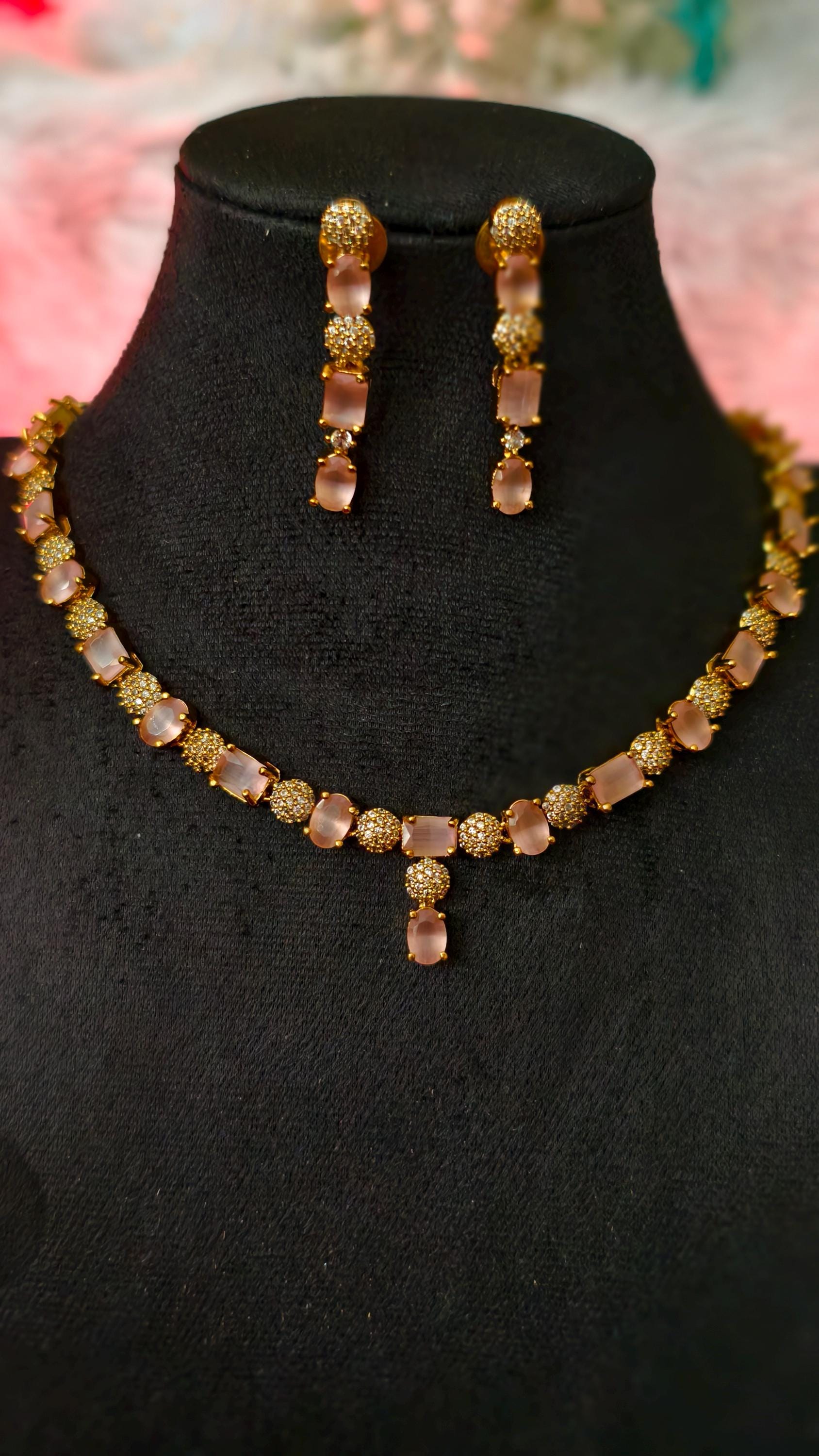 Rose Quartz Gold Bridal Jewelry Set, Frosted Pink Gemstone Necklace Earrings