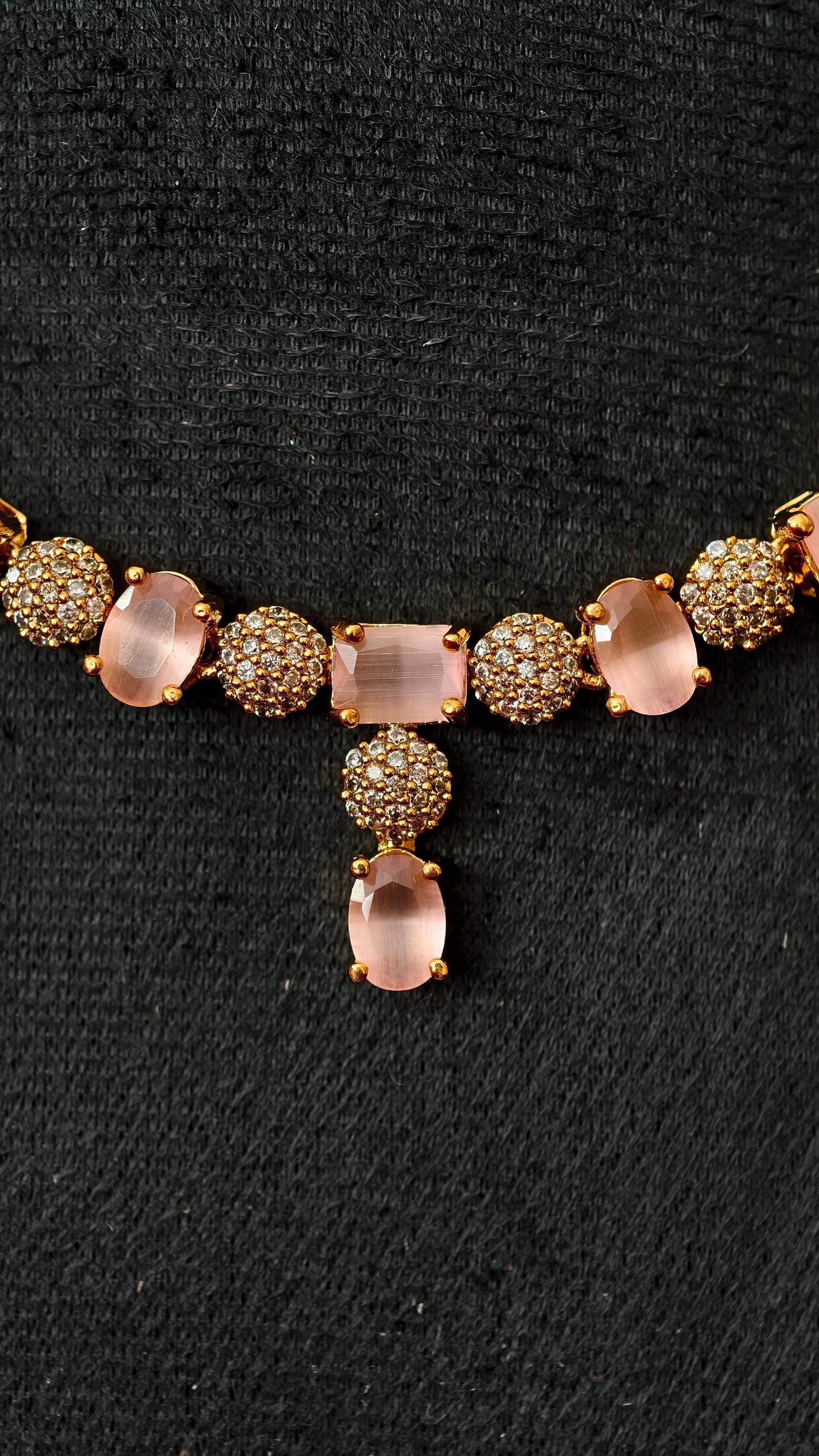 Rose Quartz Gold Bridal Jewelry Set, Frosted Pink Gemstone Necklace Earrings