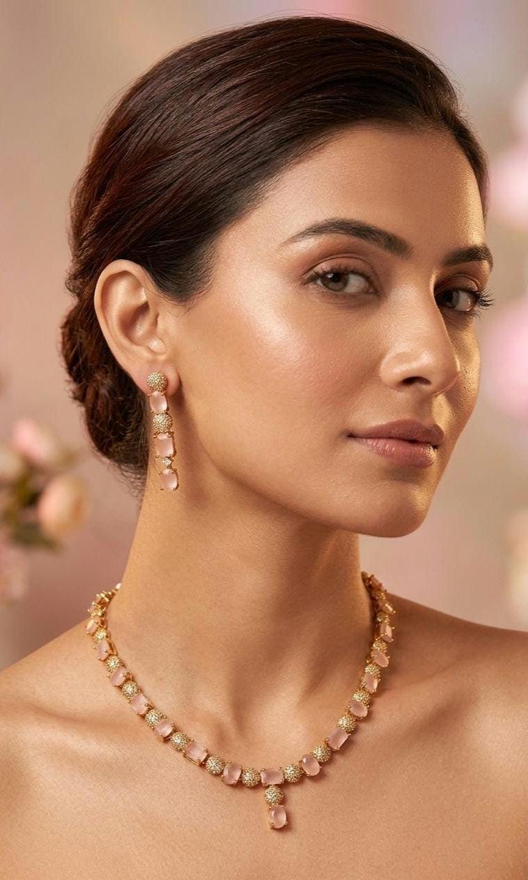 Rose Quartz Gold Bridal Jewelry Set, Frosted Pink Gemstone Necklace Earrings