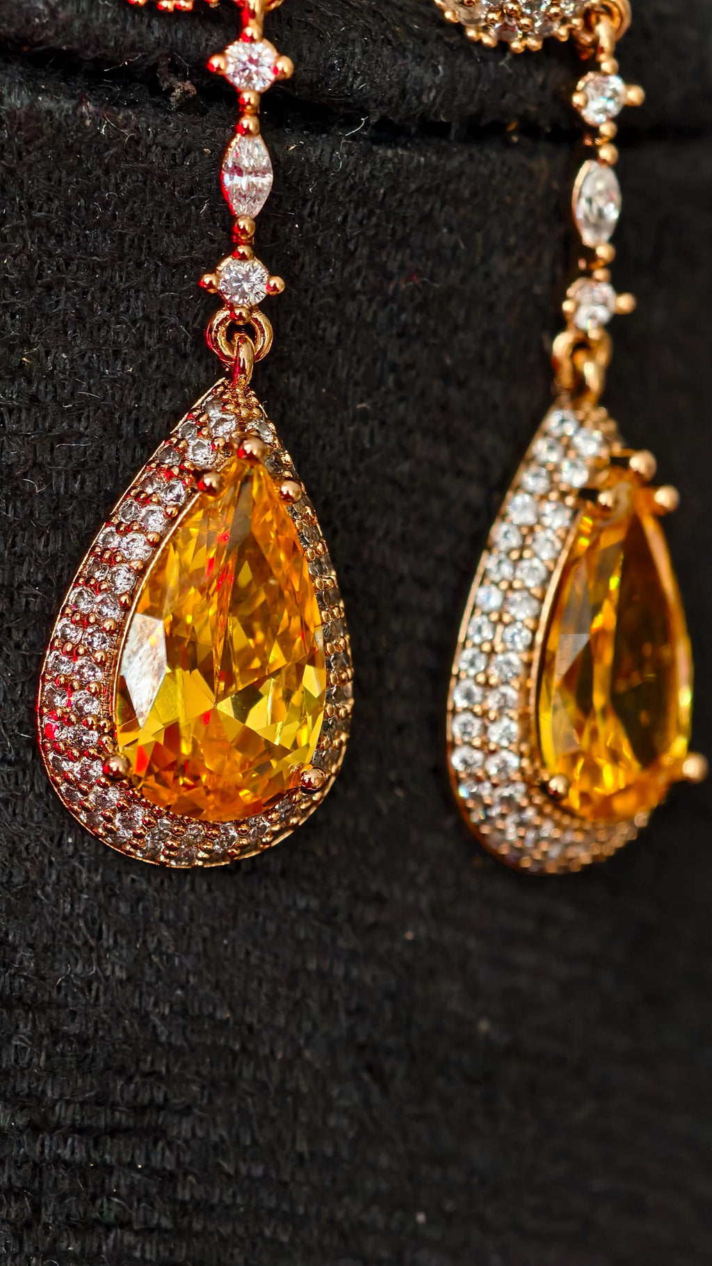 18k Gold Plated Teardrop Earrings, Yellow Crystal CZ Pave Bridal Wedding Jewelry