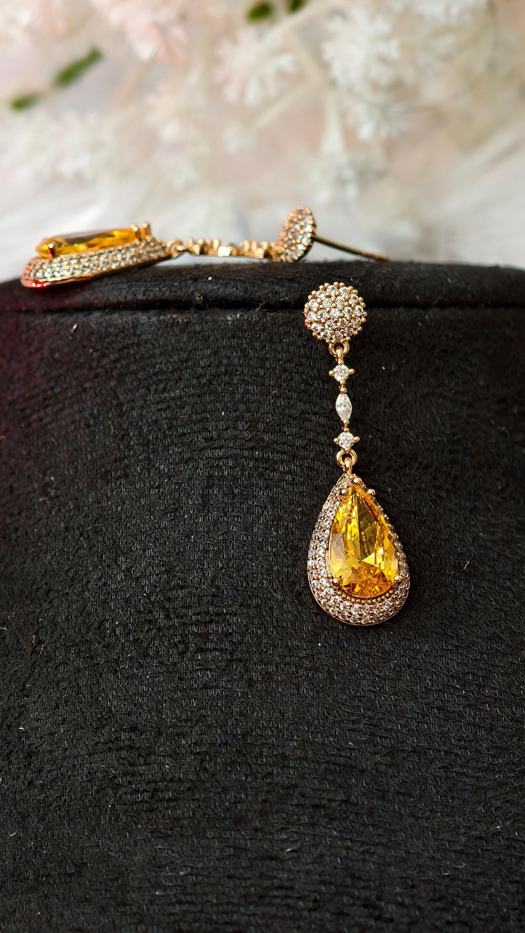 18k Gold Plated Teardrop Earrings, Yellow Crystal CZ Pave Bridal Wedding Jewelry