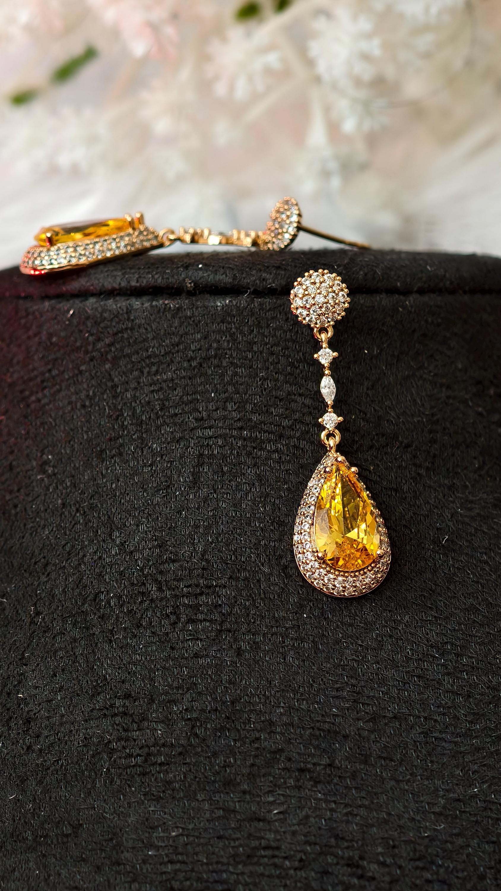 18k Gold Plated Teardrop Earrings, Yellow Crystal CZ Pave Bridal Wedding Jewelry