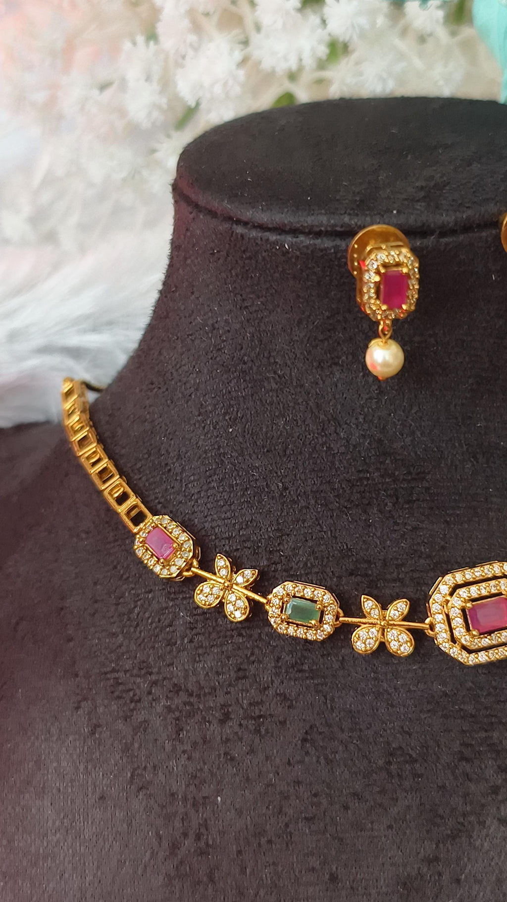 Indian Gold Choker Necklace Set, Ruby Emerald Floral Bridal Jewelry, Pearl Drop Earrings
