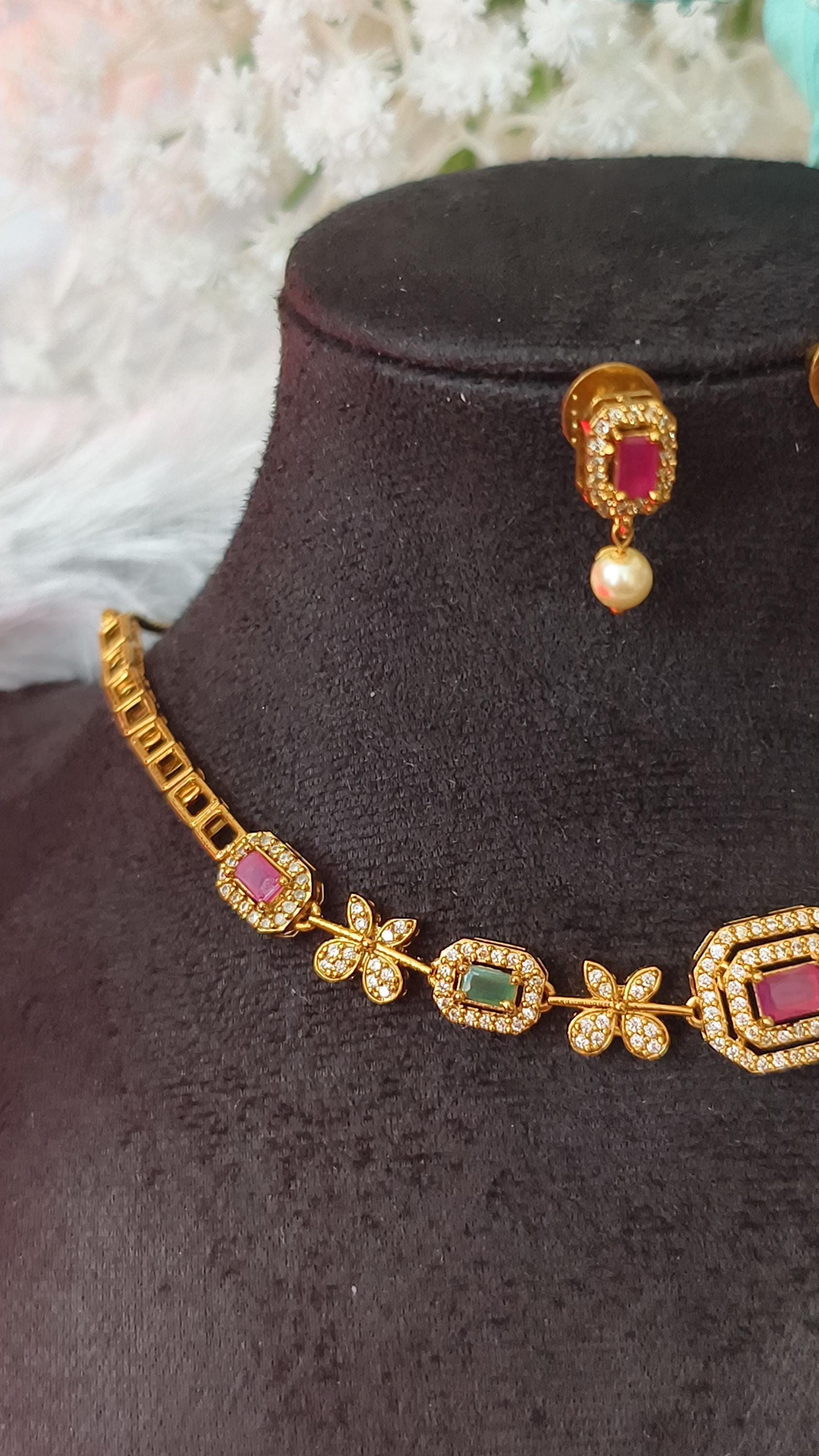 Indian Gold Choker Necklace Set, Ruby Emerald Floral Bridal Jewelry, Pearl Drop Earrings
